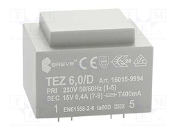 Transformer: encapsulated; 6VA; 230VAC; 15V; 400mA; Mounting: PCB