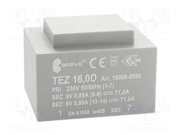 Transformer: encapsulated; 16VA; 230VAC; 9V; 9V; 888.8mA; 888.8mA