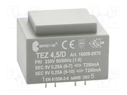 Transformer: encapsulated; 4.5VA; 230VAC; 9V; 9V; 250mA; IP00; 150g