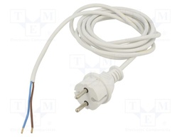 Cable; CEE 7/17 (C) plug,wires; PVC; 3m; white; 2x1mm2; 16A; 250V
