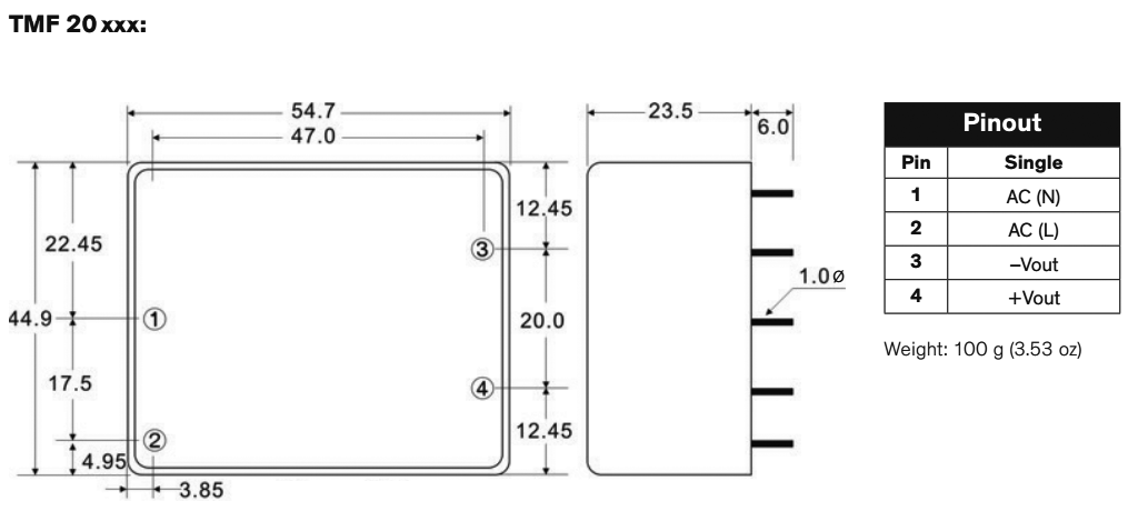 Converter: AC/DC; 20W; Uout: 12VDC; Iout: 1667mA; 84%; Mounting: PCB
