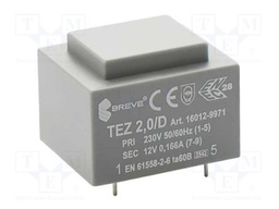 Transformer: encapsulated; 2VA; 230VAC; 12V; 166.6mA; Mounting: PCB