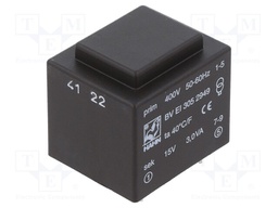 Transformer: encapsulated; 3VA; 400VAC; 15V; 200mA; Mounting: PCB