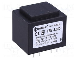 Transformer: encapsulated; 3VA; 230VAC; 12V; 12V; 125mA; 125mA; IP00