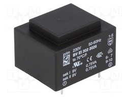 Transformer: encapsulated; 1.5VA; 230VAC; 9V; 9V; 83mA; 83mA; 70g