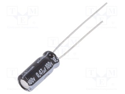 Capacitor: electrolytic; THT; 0.47uF; 100VDC; Ø5x11mm; Pitch: 2mm
