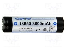 Re-battery: Li-Ion; 18650,MR18650; 3.7V; 3800mAh; Ø18.7x69.2mm