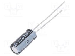 Capacitor: electrolytic; THT; 2.2uF; 50VDC; Ø5x11mm; Pitch: 2mm