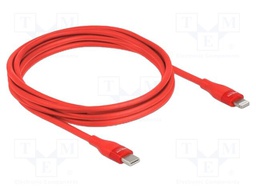 Cable; USB 2.0; Apple Lightning plug,USB C plug; 2m; red; Cu; 9V