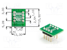 IC Adapter, PCB, 8-SOIC to 8-DIP, 7.62 mm Row Pitch, 2.54 mm Spacing