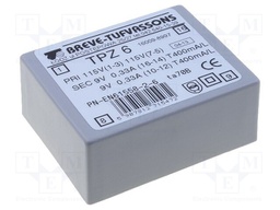 Transformer: mains; 6VA; 115VAC; 9V; 9V; 330mA; Mounting: PCB; IP00