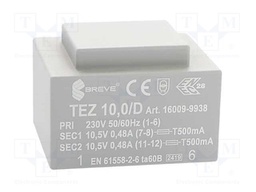 Transformer: encapsulated; 10VA; 230VAC; 10.5V; 10.5V; 476.1mA