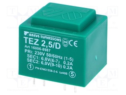 Transformer: encapsulated; 2.5VA; 230VAC; 6V; 6V; 208.3mA; 208.3mA