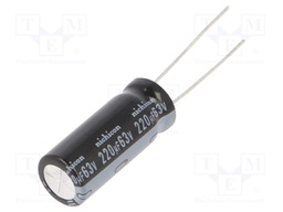 Capacitor: electrolytic; THT; 220uF; 63VDC; Ø10x25mm; Pitch: 5mm