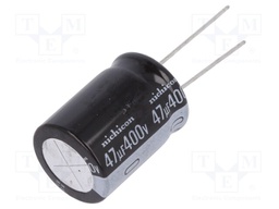 Capacitor: electrolytic; THT; 47uF; 400VDC; Ø18x25mm; Pitch: 7.5mm